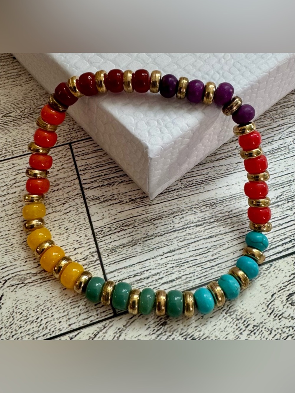 Beaded Stretch Bracelet with Gold Accents - Multicolor